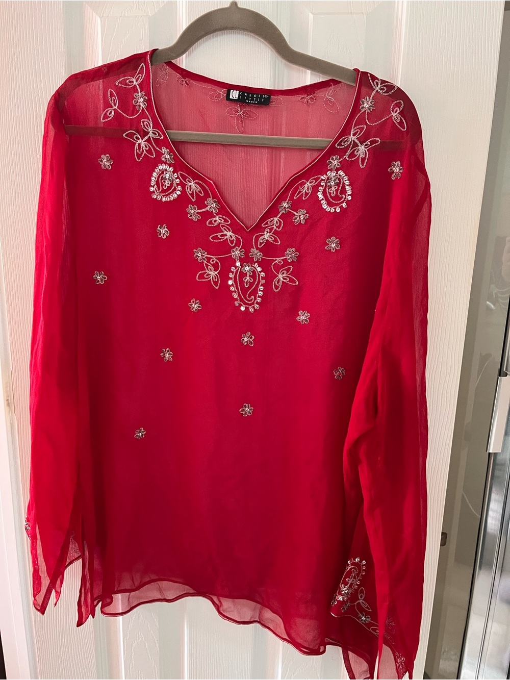 Carole Little Red Semi-Sheer Embroidered V-Neck Tunic